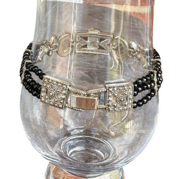 Art Deco Style Beaded Bracelet 7.5in Silver Tone Black Beads Retro Style - Picture 10 of 15